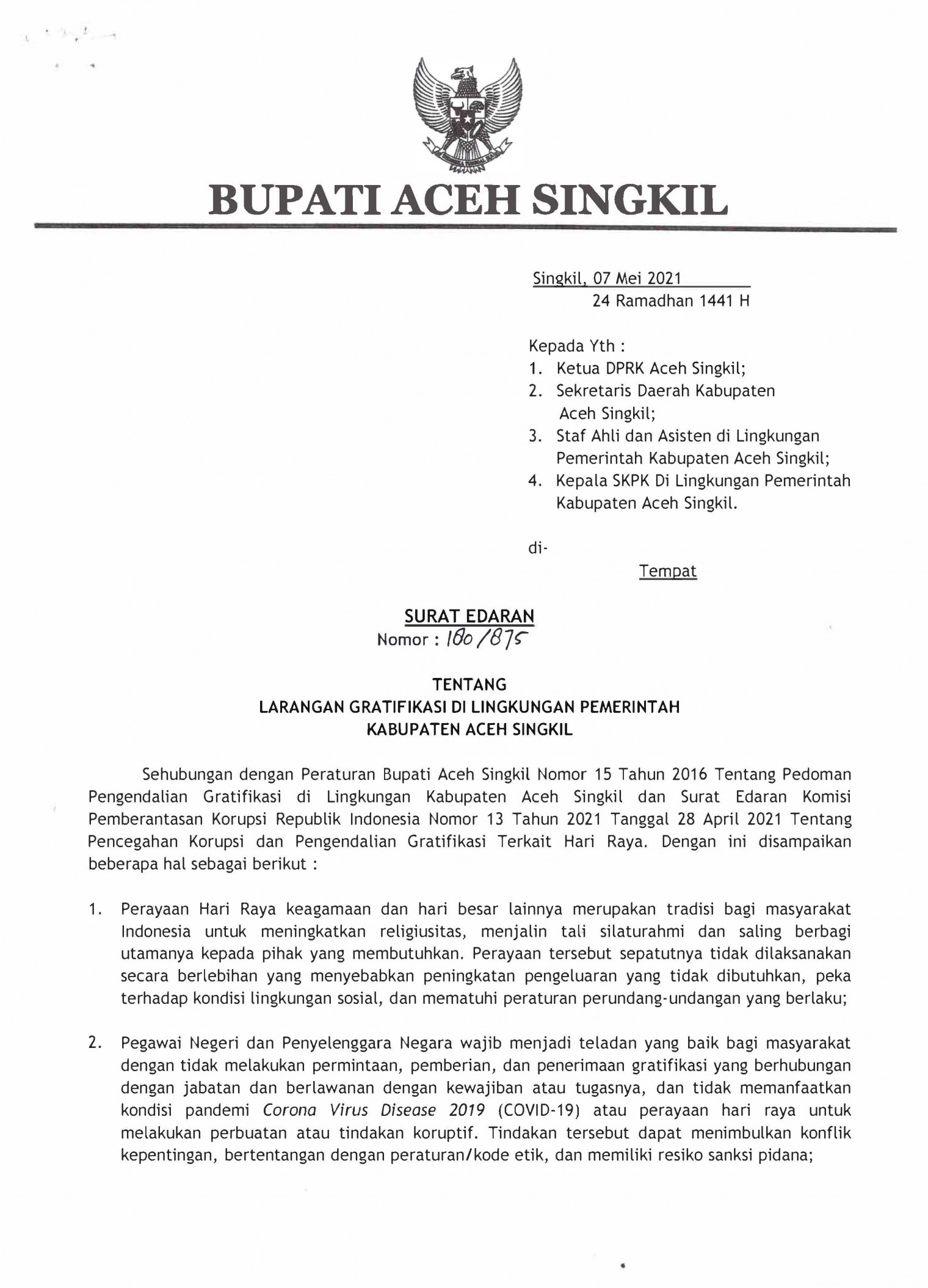 Tentang Larangan Gratifikasi Di Lingkungan Pemerintah Kabupaten Aceh Singkil 